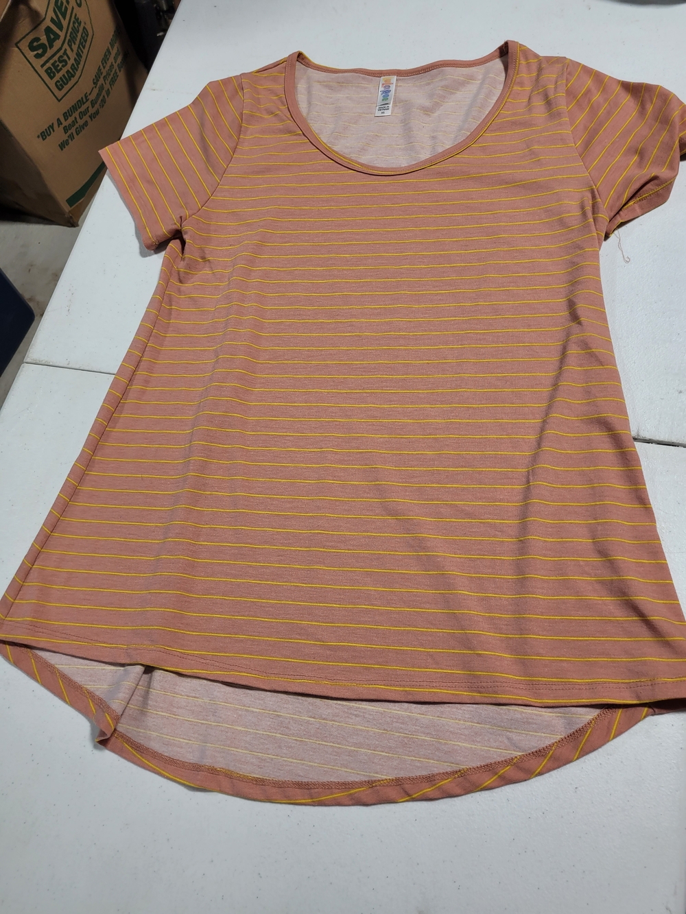 LuLaRoe Rose-Mauve Tee with Yellow Stripes